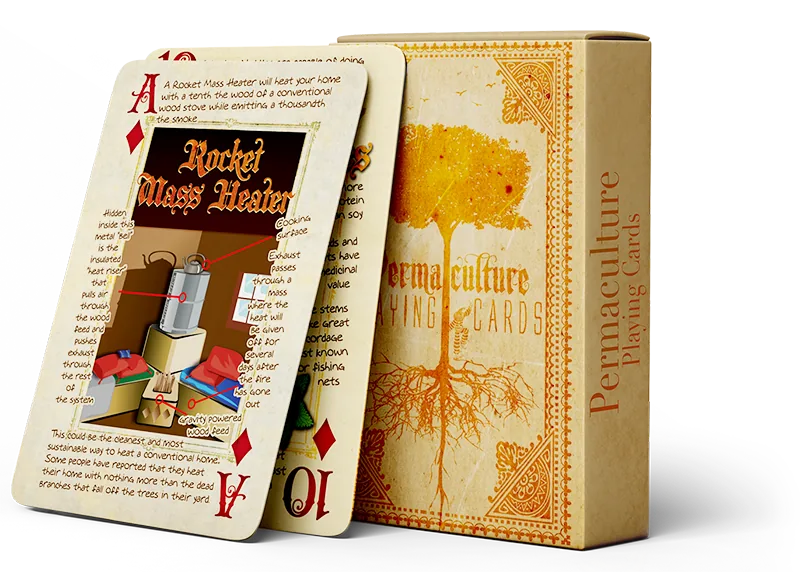 The orange Permaculture Playing Cards box beside the Ace of Diamonds, Rocket Mass Heater card