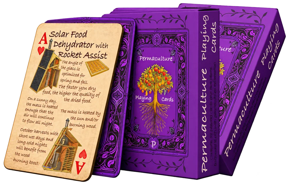 The purple Permaculture Playing Cards box beside the Ace of Hearts, Solar Food Dehydrator with Rocket Assist card